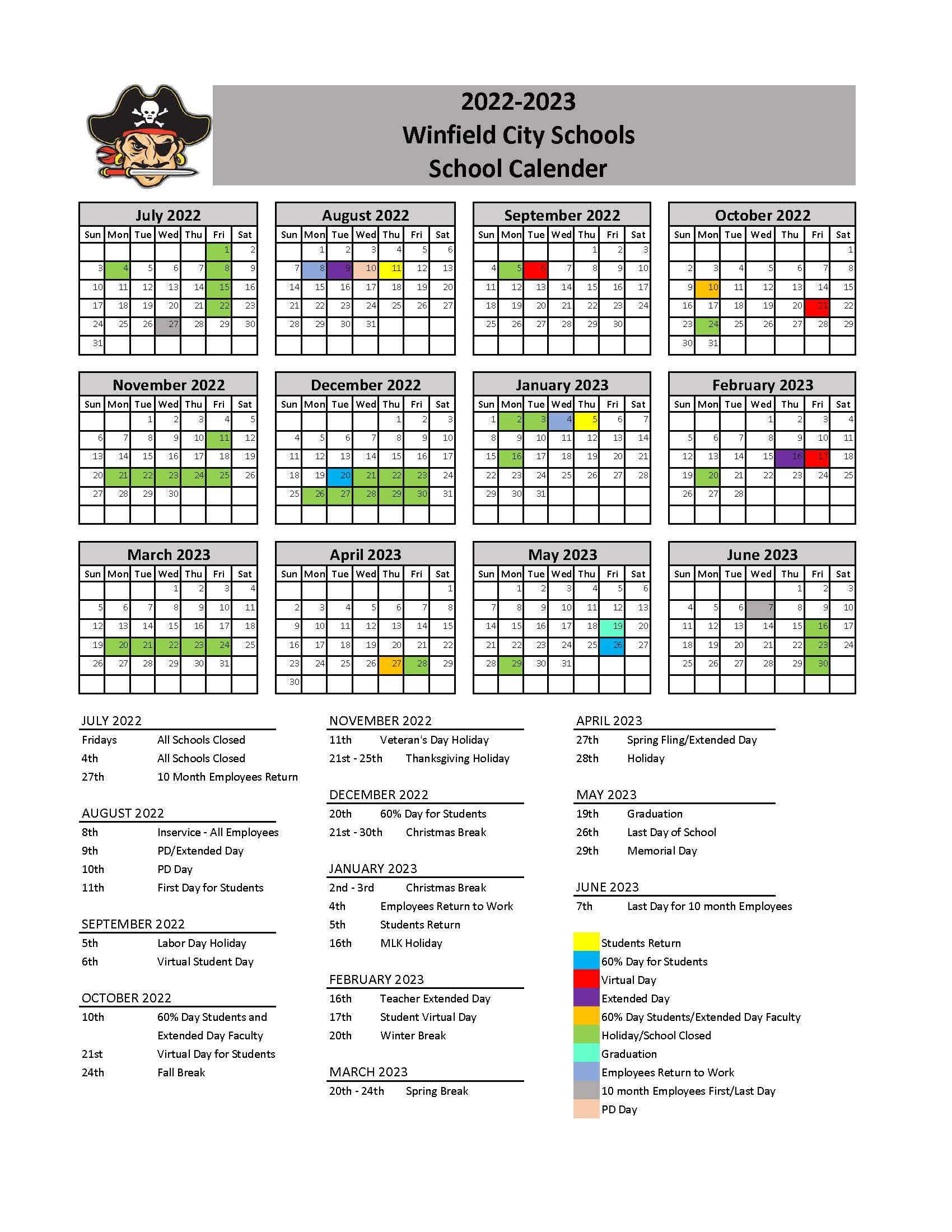 District Calendar Winfield City Schools