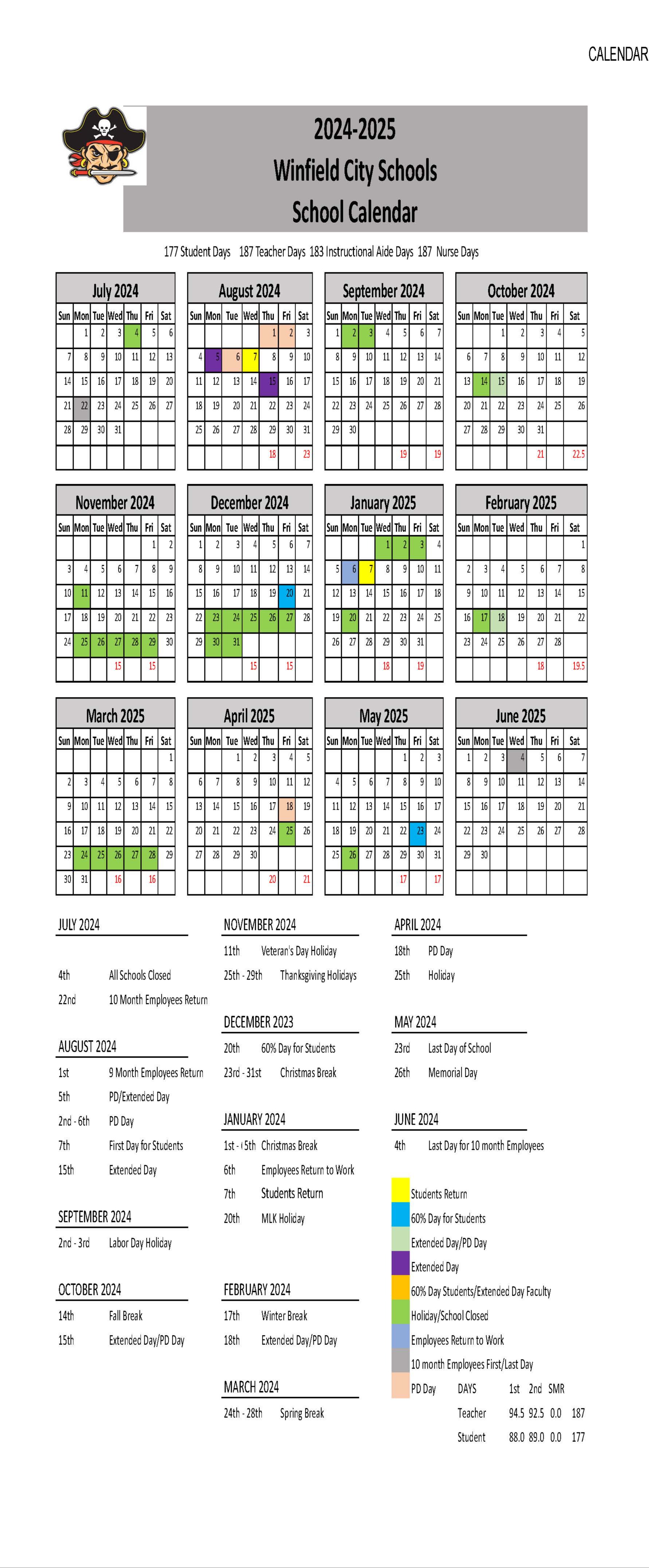 2024-2025  WCS District Calendar