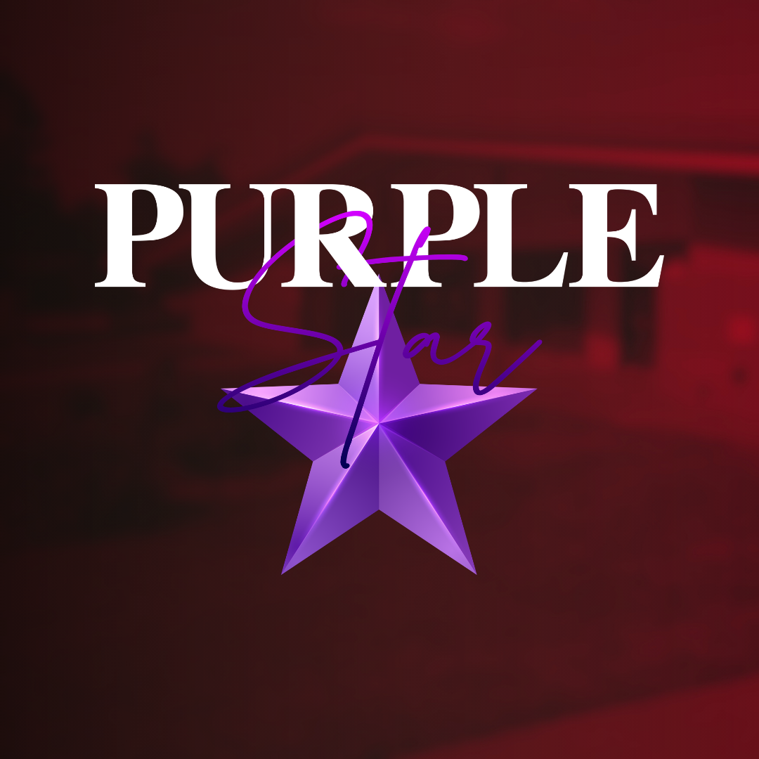 Logo with "PURPLE" in white and "Star" in purple, a purple star shape, and a red background.