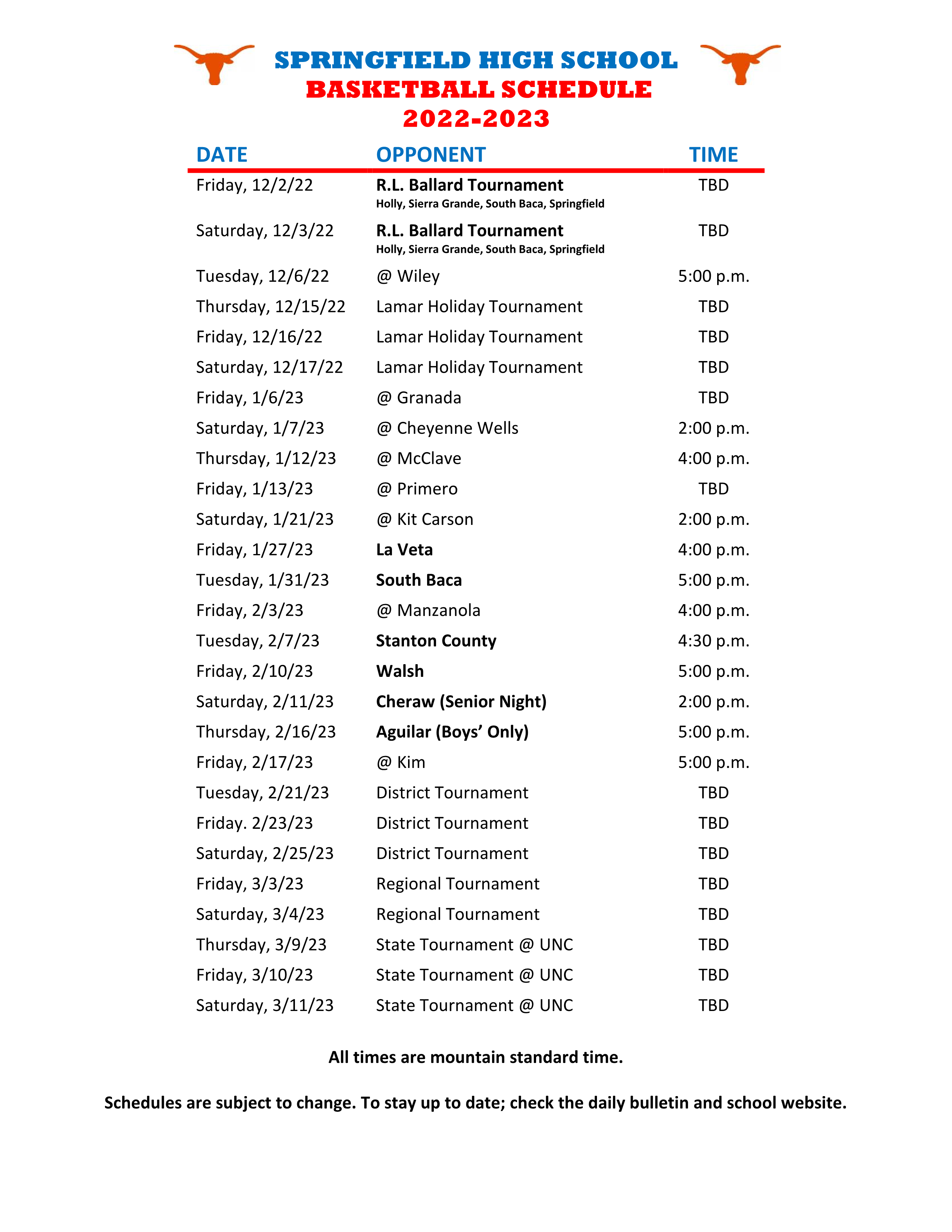 2022-2023 High School Basketball Schedule