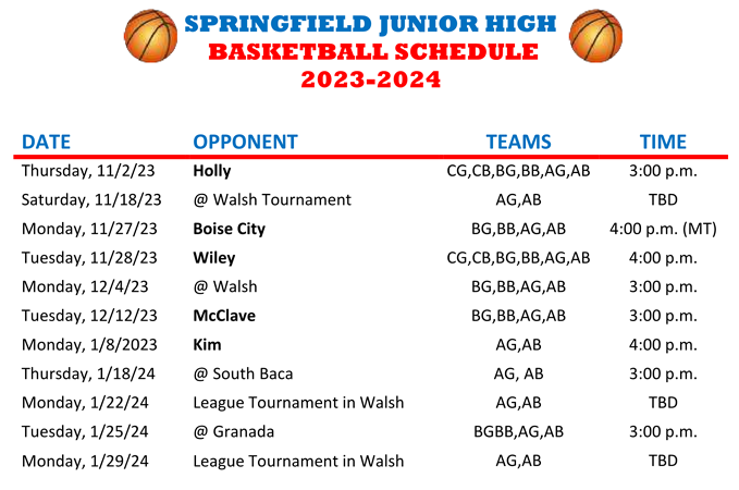 2023 Junior High Basketball Schedule