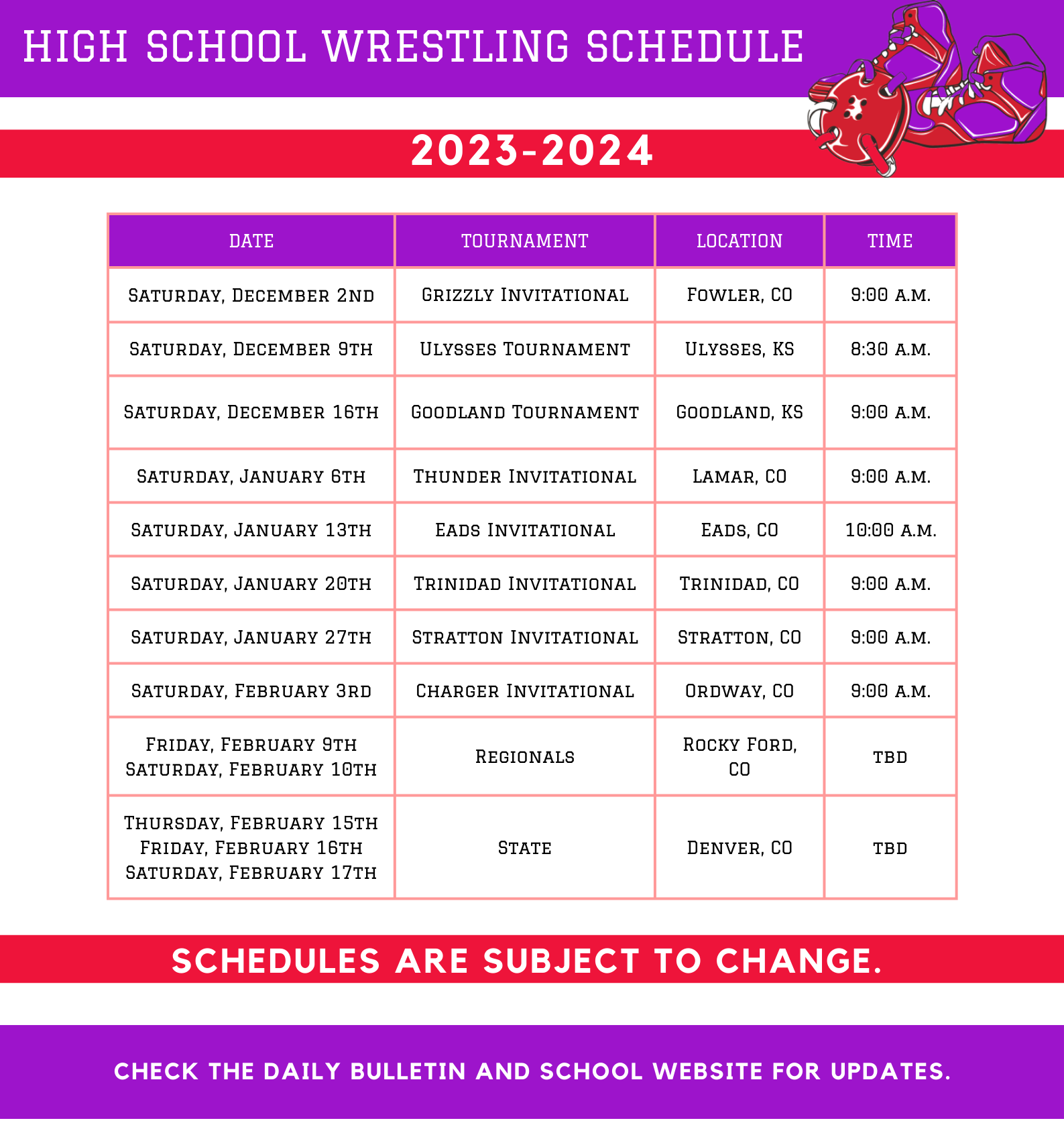 2023 - 2024 High School Wrestling Schedule