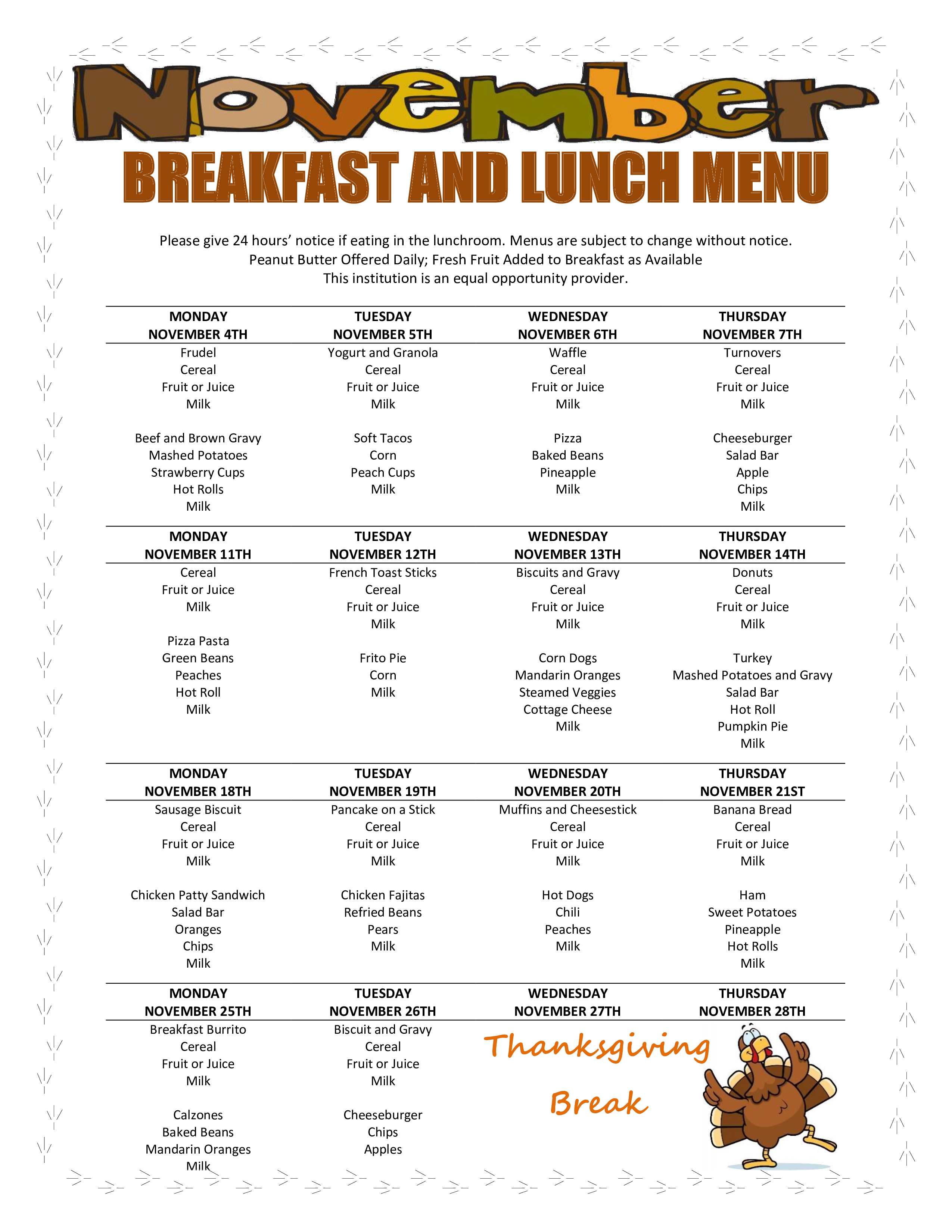 2024 November Breakfast and Lunch Menu