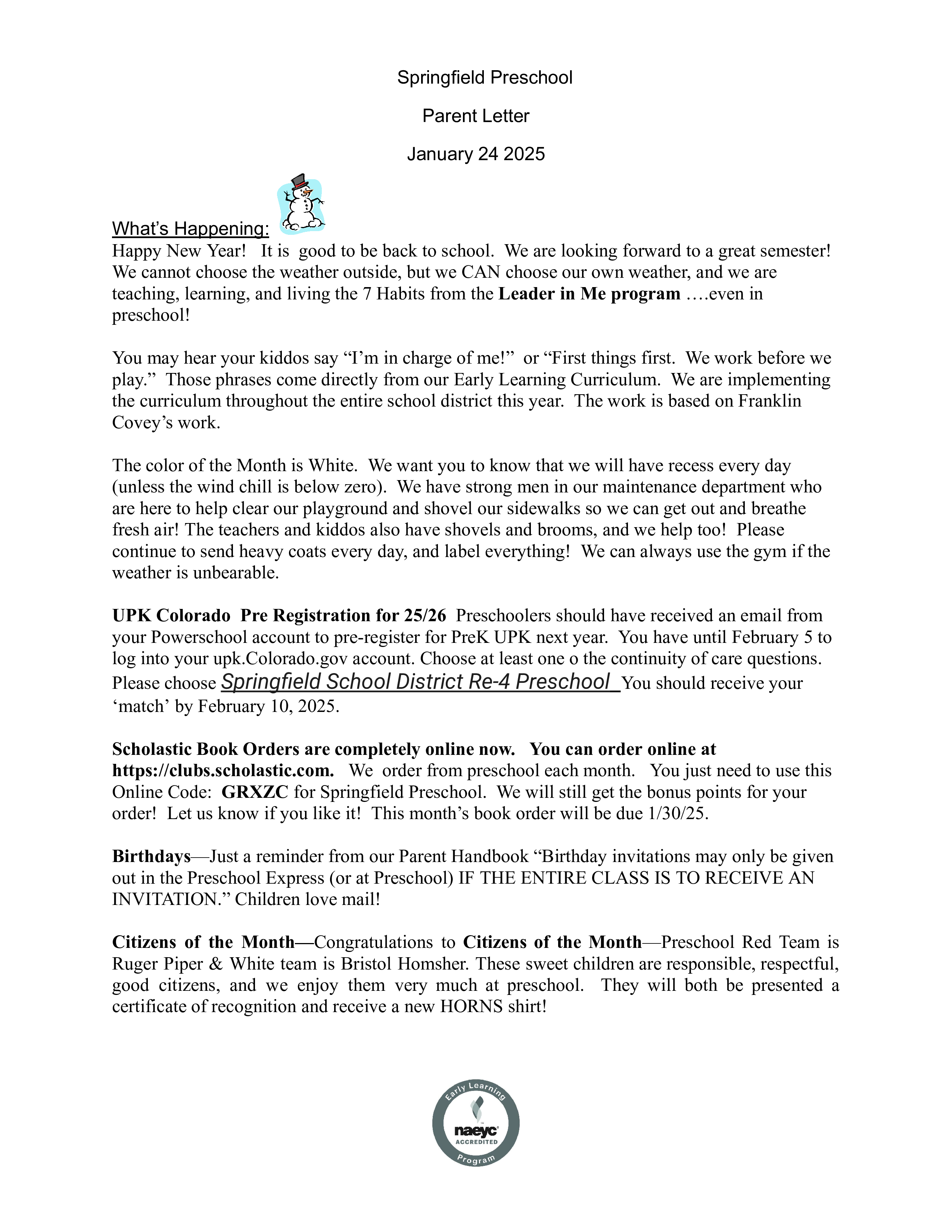 Preschool January Parent Letter - 1