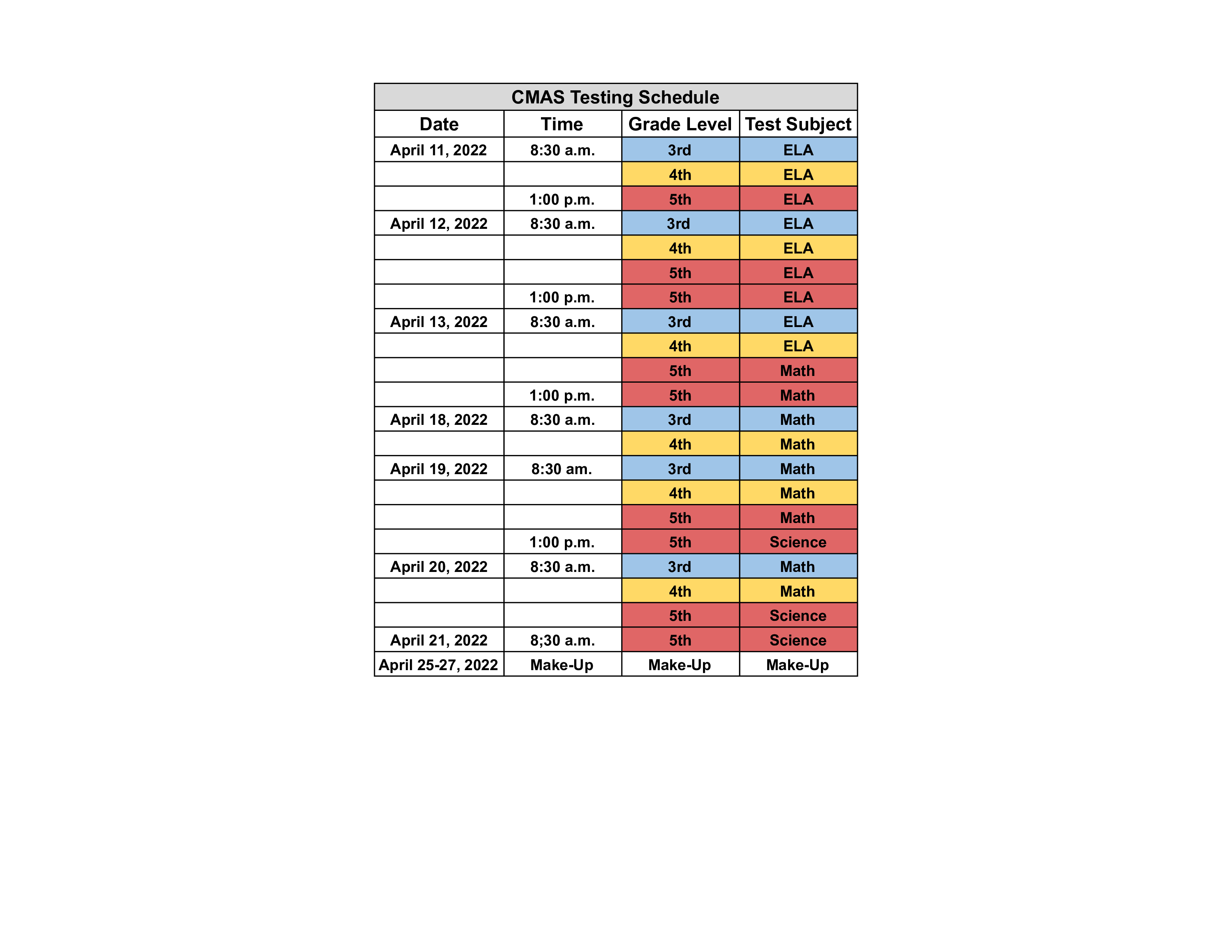 2022 Elementary Testing Schedule