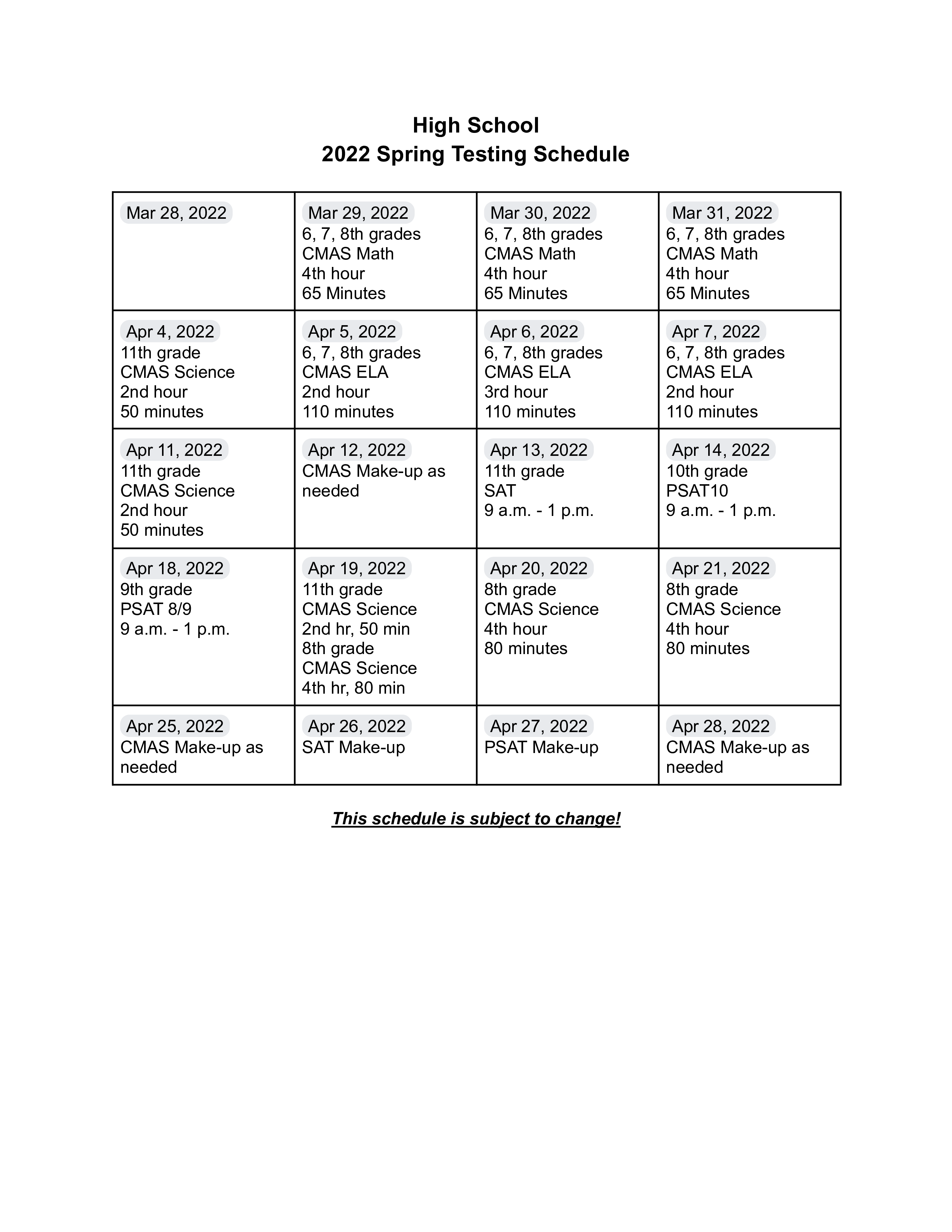 2022 Spring Testing Schedule