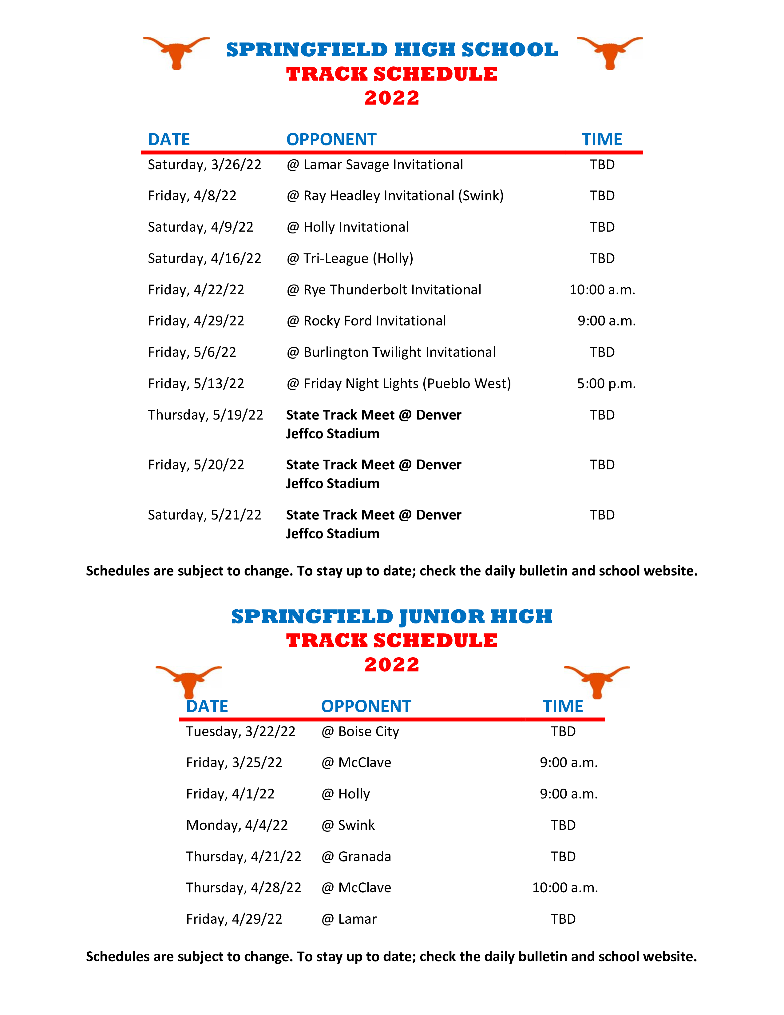 Junior and Senior High Track Schedule