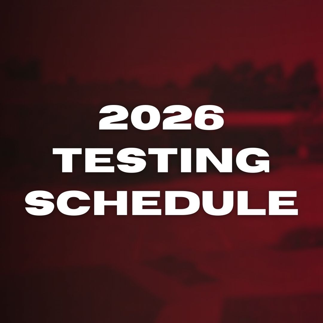 Text "2026 TESTING SCHEDULE" in white on a dark red background with blurred, shadowy shapes in the background.