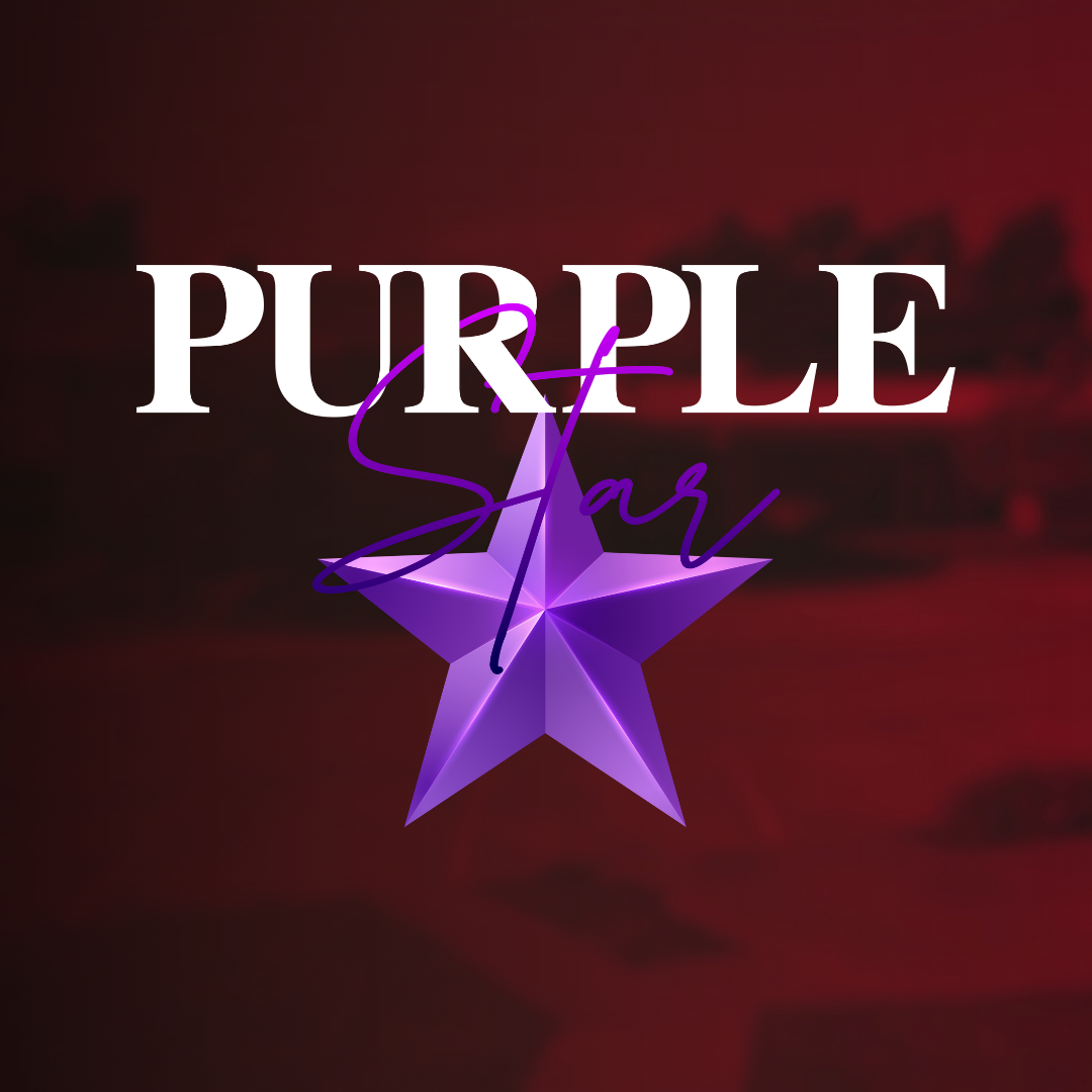 A purple star shape with "Purple Star" text overlay on a dark red background.