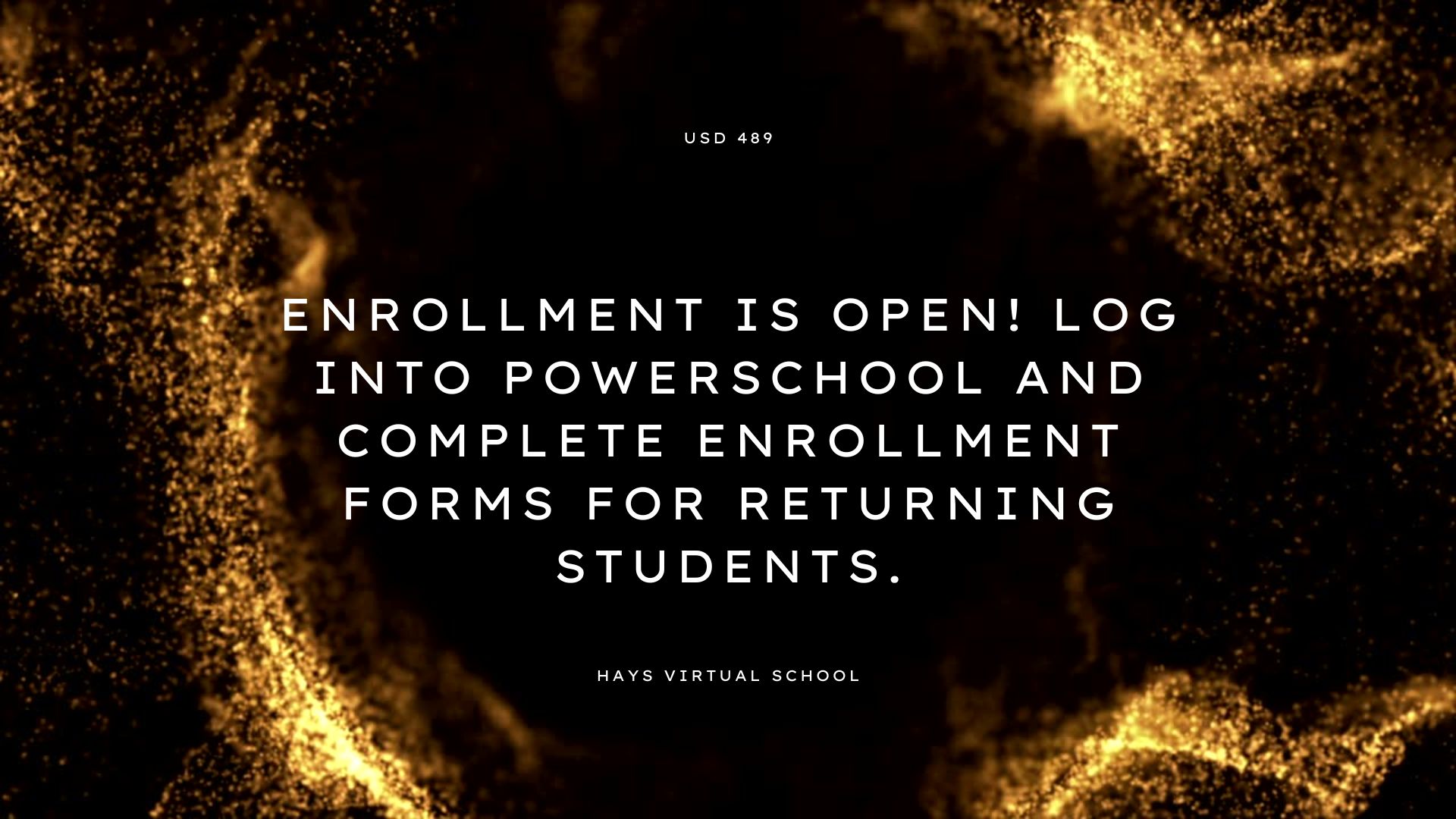 A dark background features white text inviting individuals to enroll, with emphasis on logging into Powerschool for returning students.