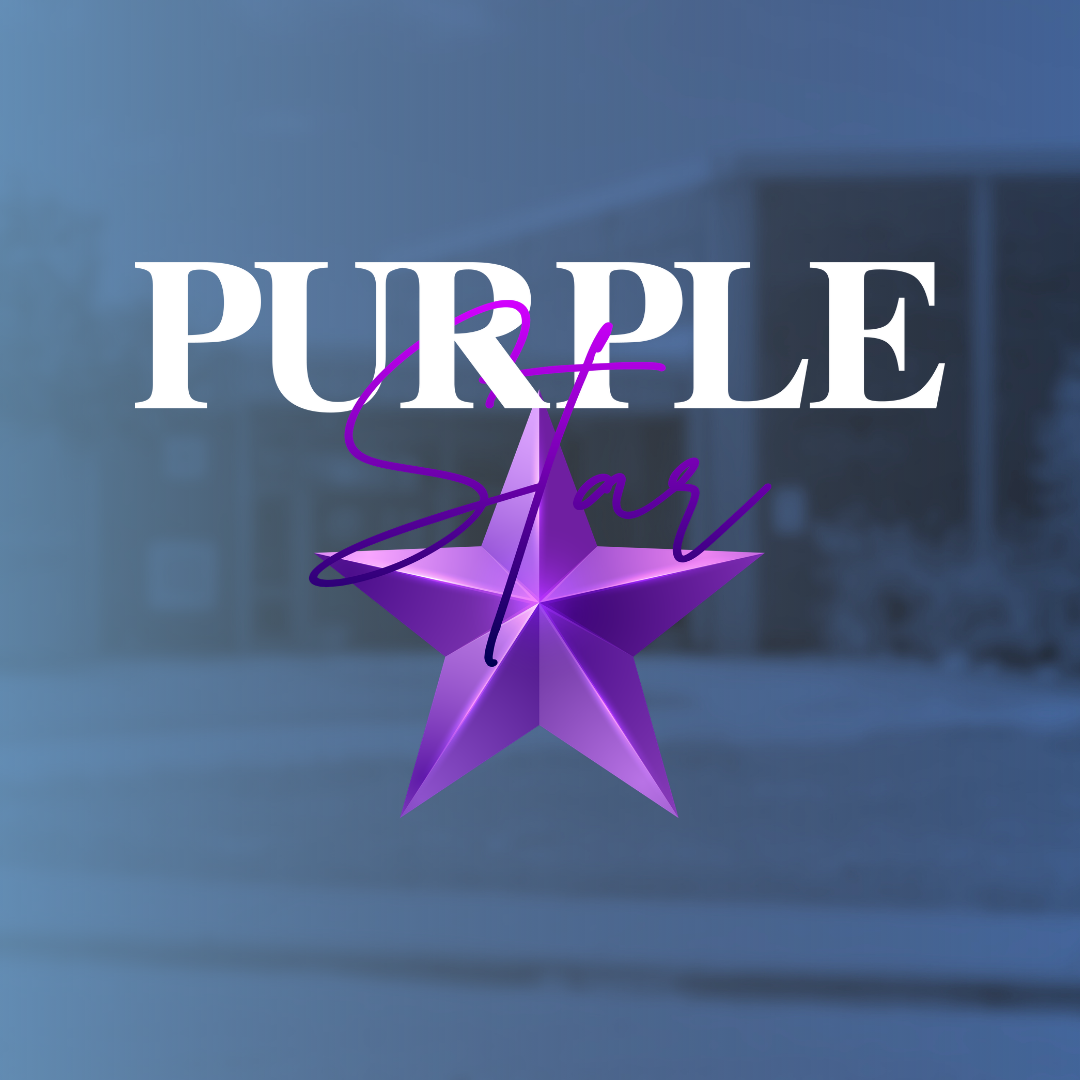 Logo with text "Purple Star" and a large purple star in front of a blue background.