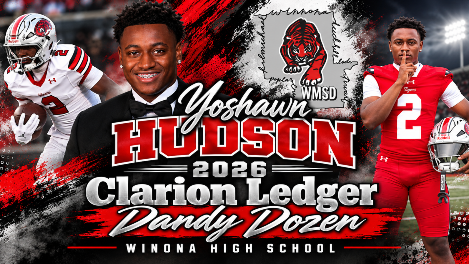 A poster with a football player in a suit in the middle and two players in red jerseys on either side.