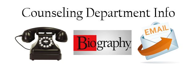on a white background: Black telephone, the word "Biography", and an envelop with "email" written on a document sliding out 