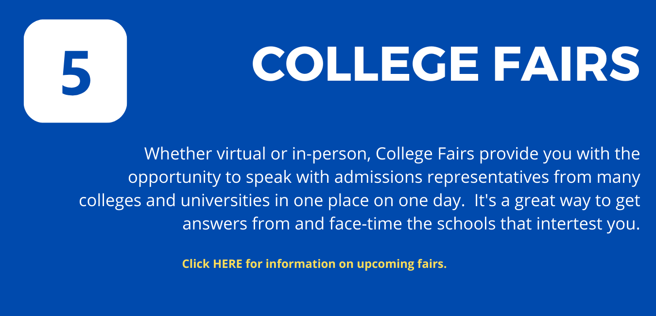 Step 5: on blue background, with white letters reading "College Fairs"