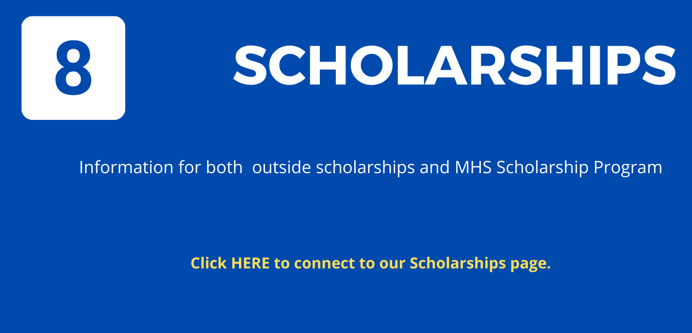 Step 8: on blue background, with white letters reading "Scholarships"