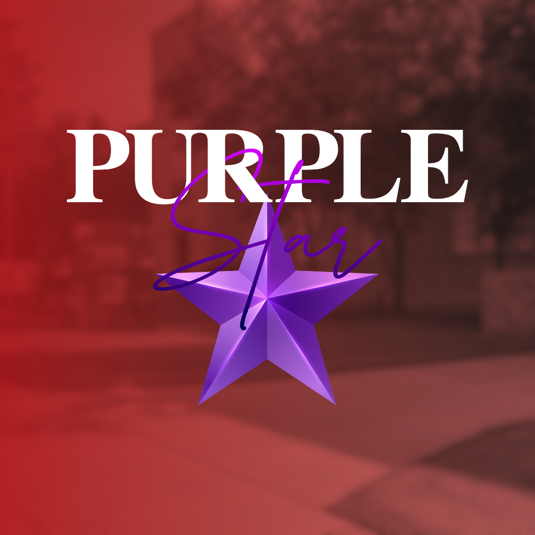 A purple star with "Purple Star" written above it in white letters, overlaid on a blurred red background.