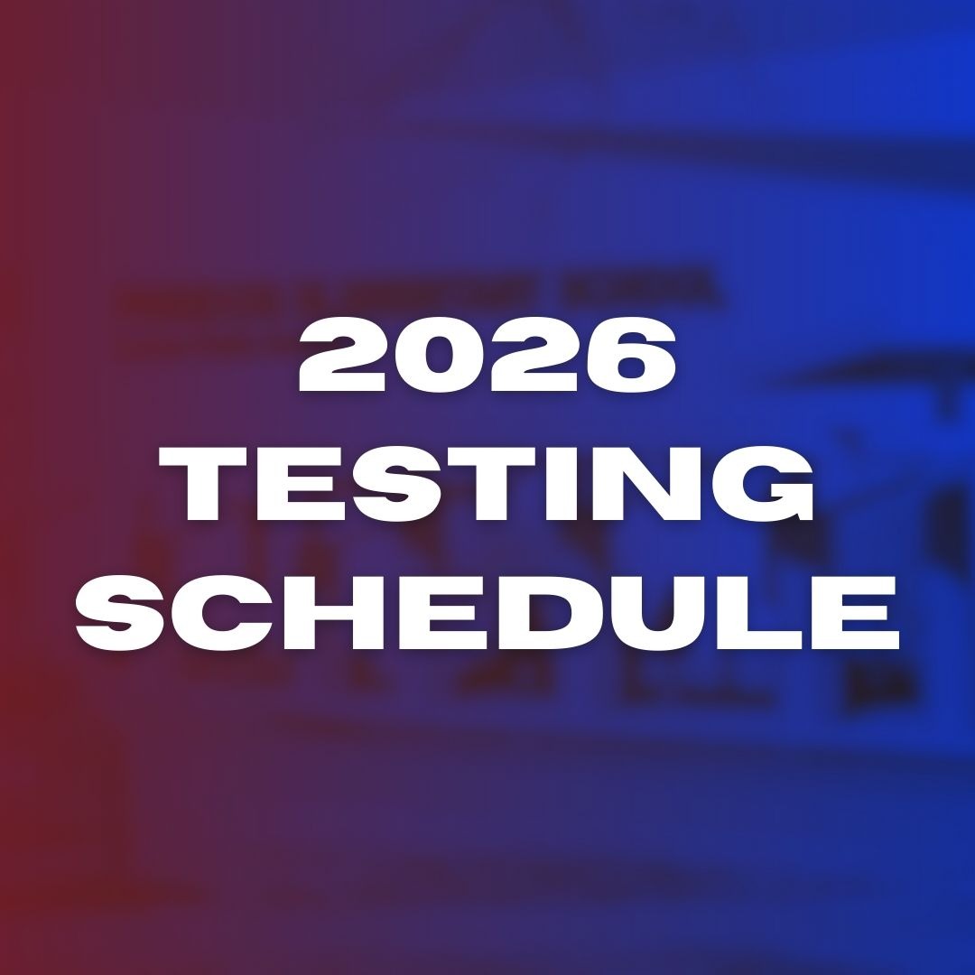 "2026 Testing Schedule" in bold white text on a blue and red gradient background.