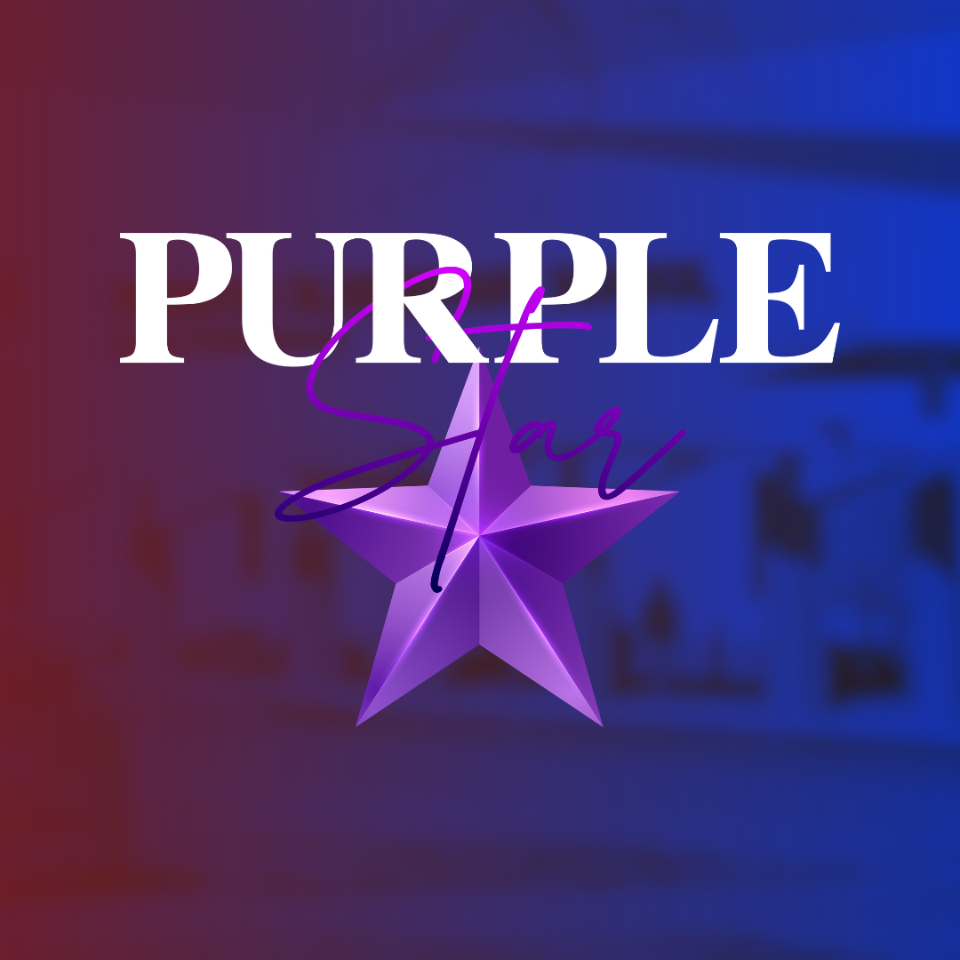 Purple star logo with star, in purple and white, on a red and blue background.