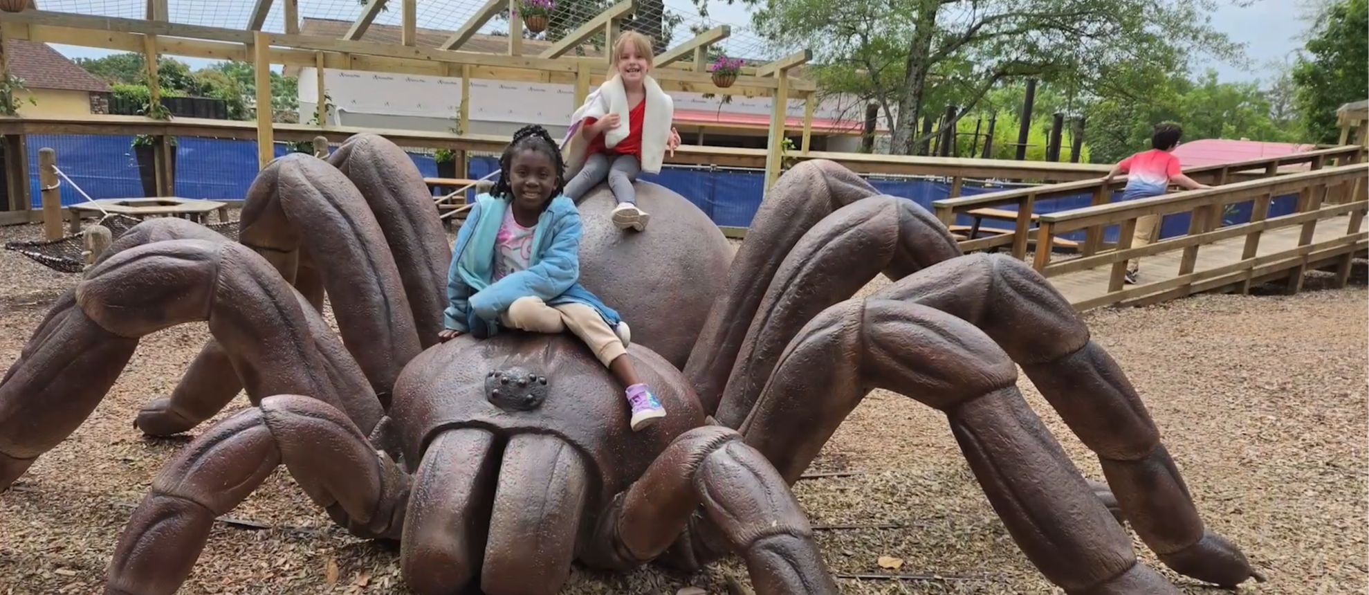 A picture of a spider with children on top of it.