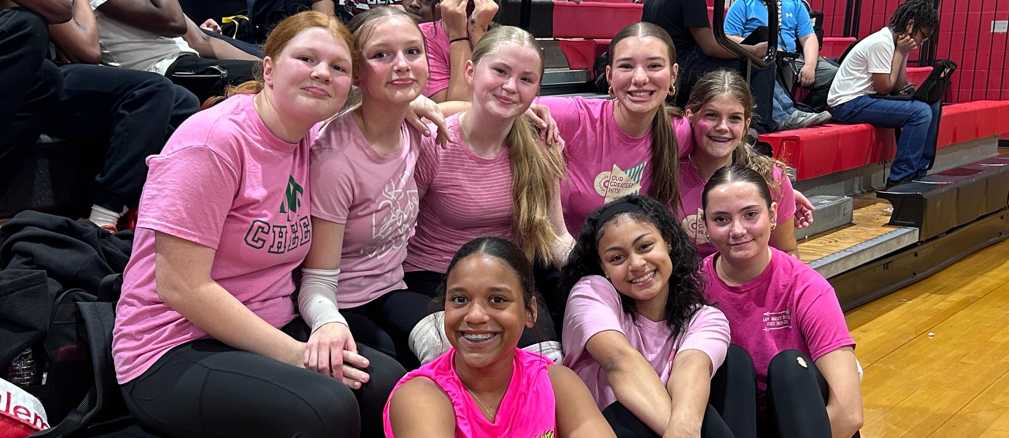 Students sitting in a gym wearing all pink.