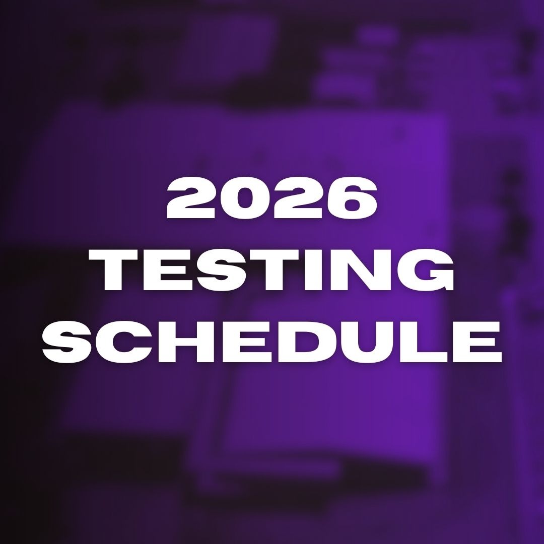 A purple background features bold, white text reading "2026 TESTING SCHEDULE". The text is centered.