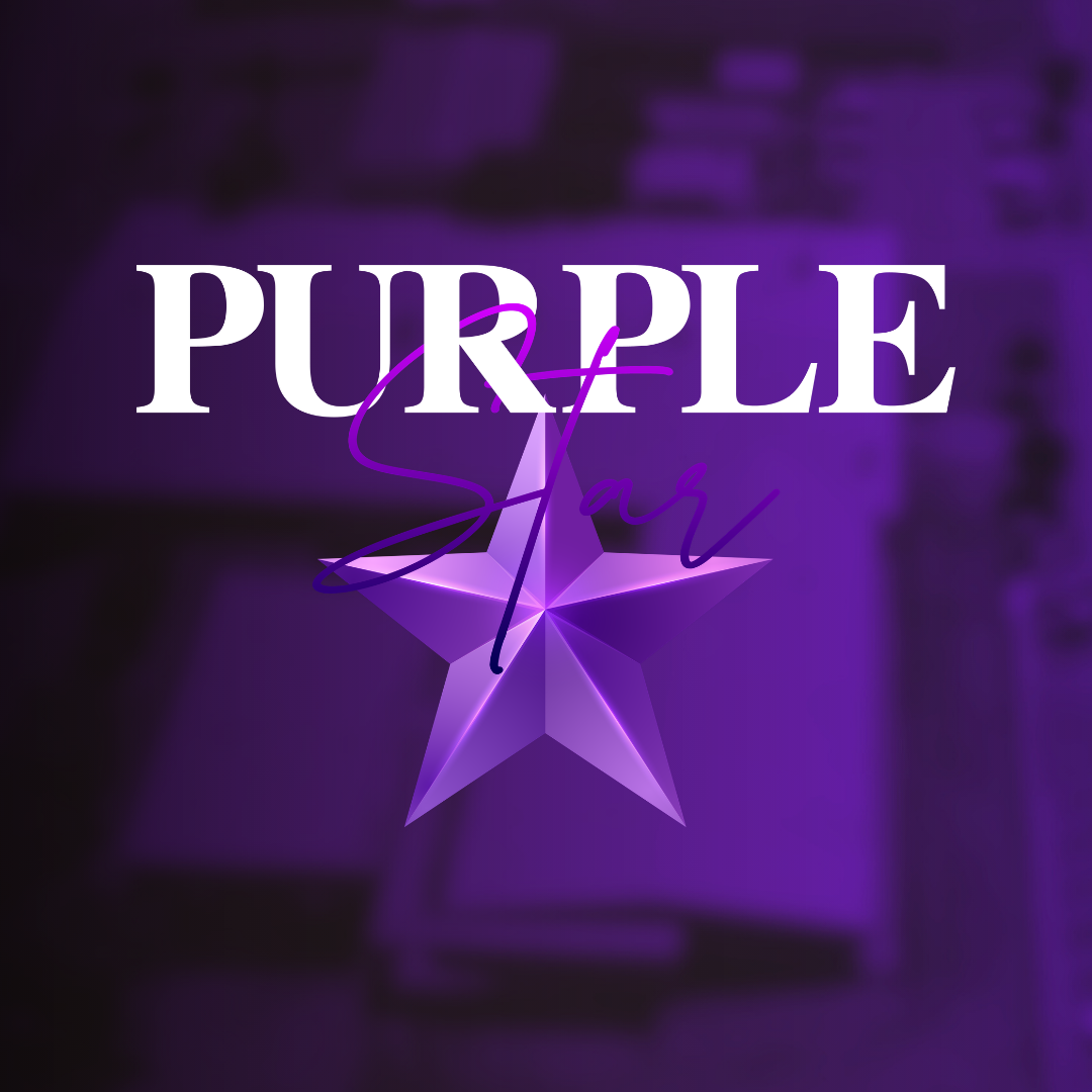 Purple text "PURPLE" and "Star" on a purple background, with a 3D star design below, centered on a dark purple background.