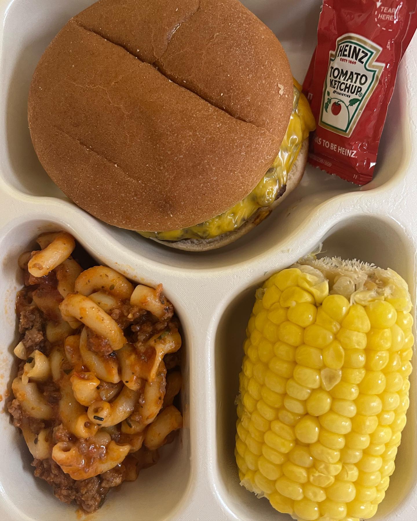 Burger, Mac Hotdish, Corn on the Cob