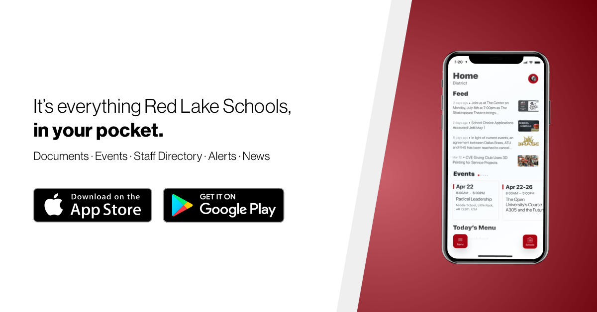 Advertisment for the district's mobile app. Download links are in the footer below