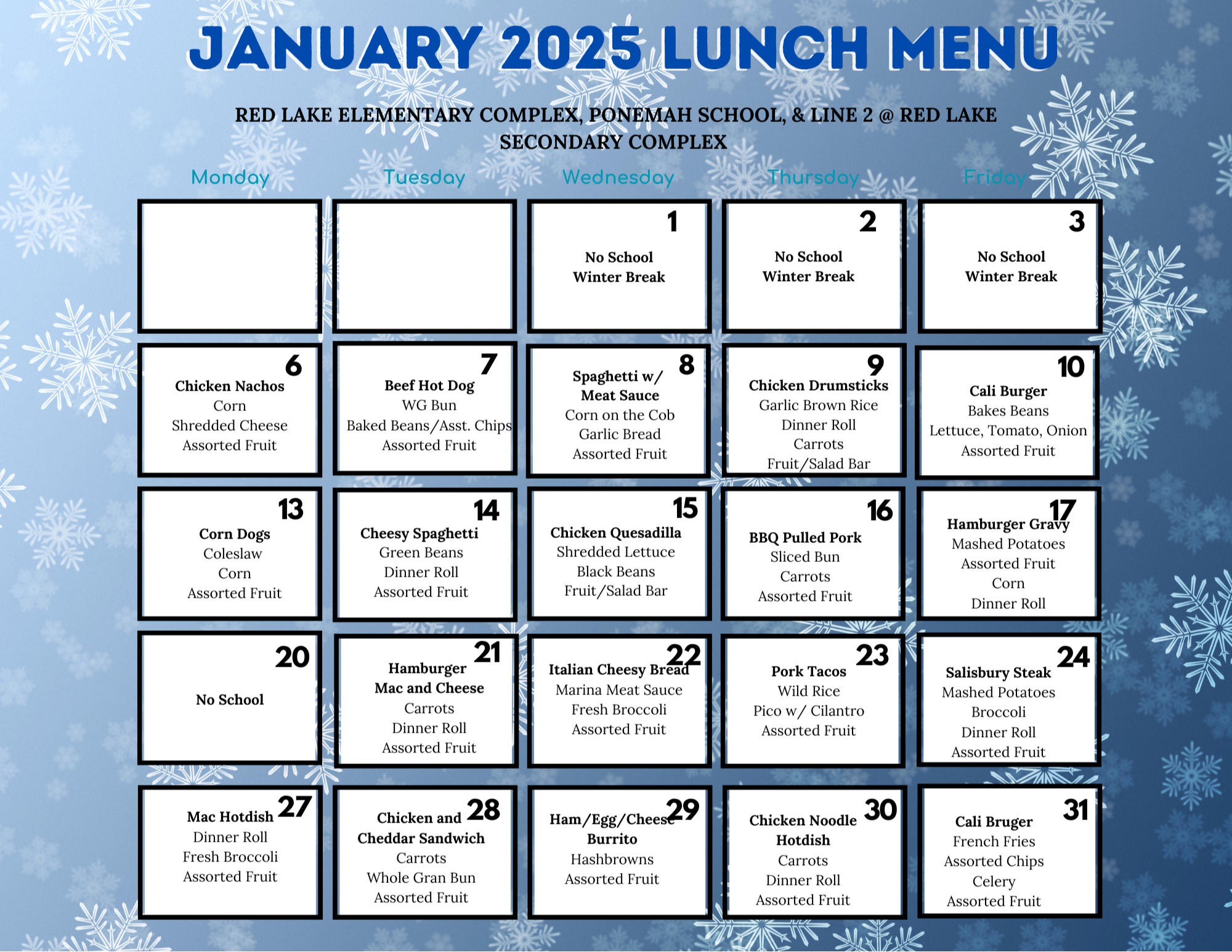 January  Lunch Menu