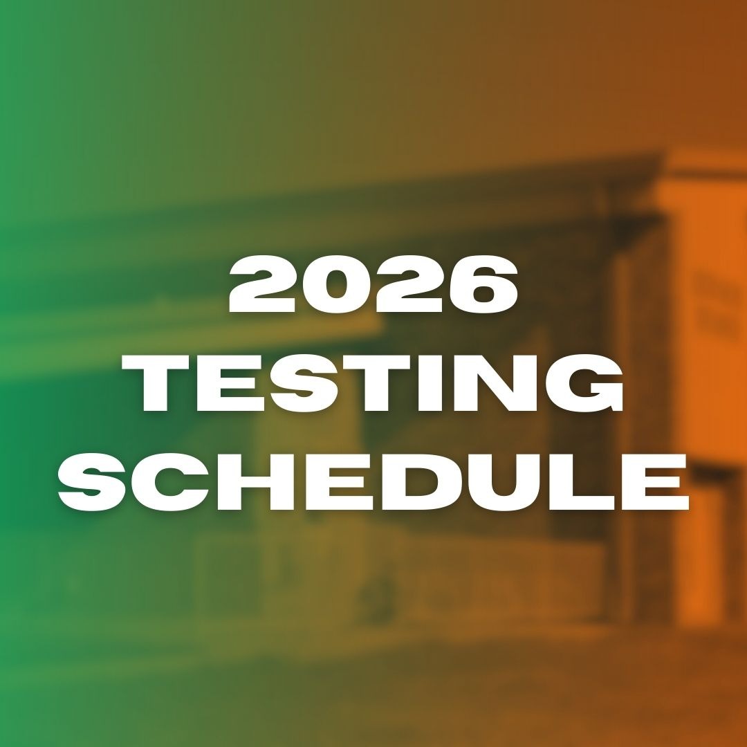 Text in white reads "2026 TESTING SCHEDULE" over a blurred image of a building with a green and orange background.