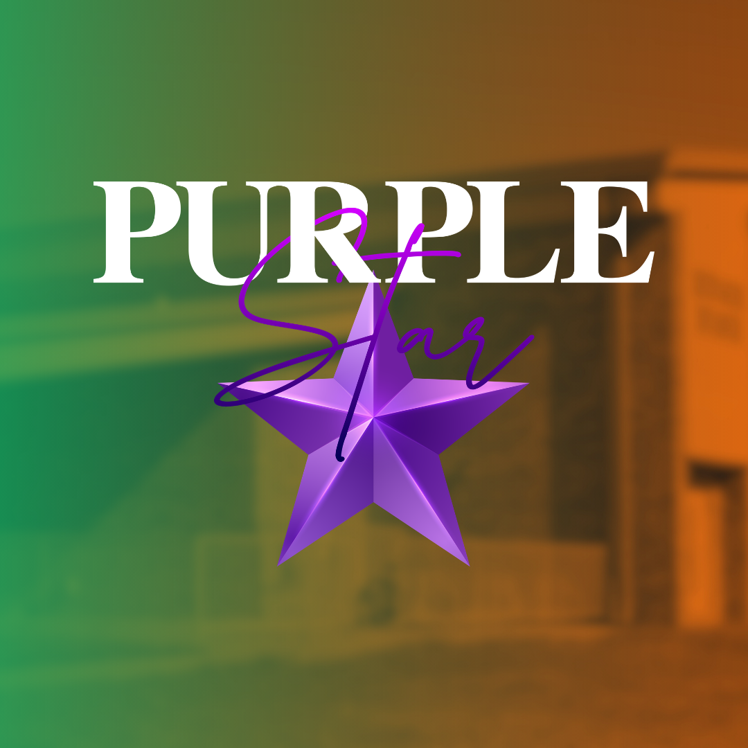 Purple star with purple border in front of green and orange background.