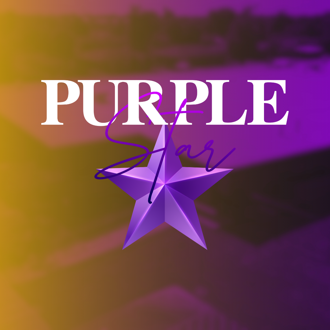 Bright purple star with a violet outline on a yellow and purple gradient background. "PURPLE Star" written above in white.