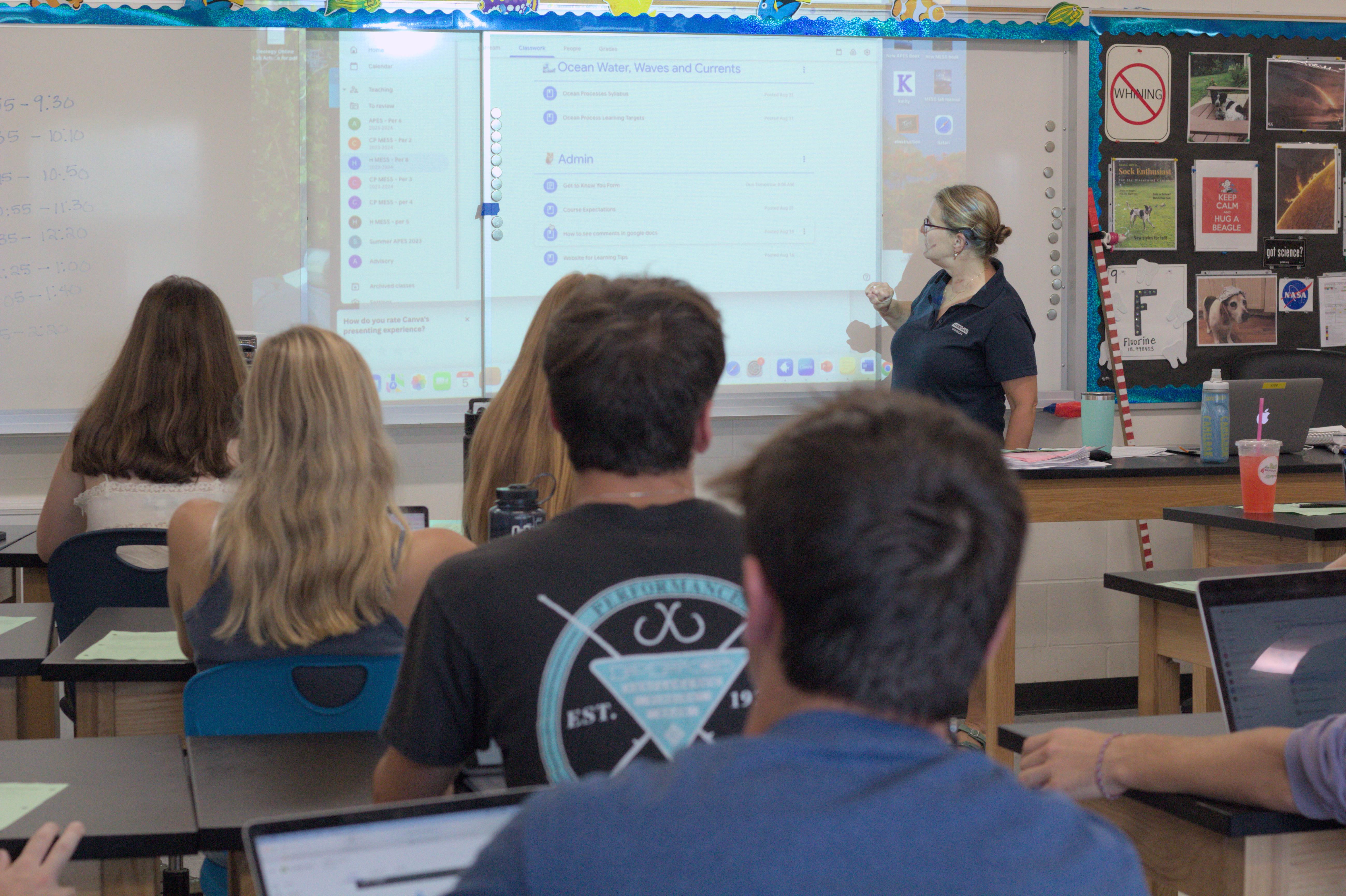 Students look at the whiteboard in a class.