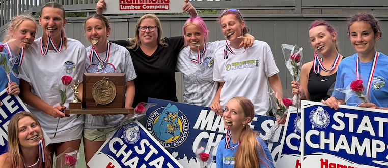 CEHS State Champs in tennis. Nine student athletes and one coach hold up their trophy and show off medals. 
