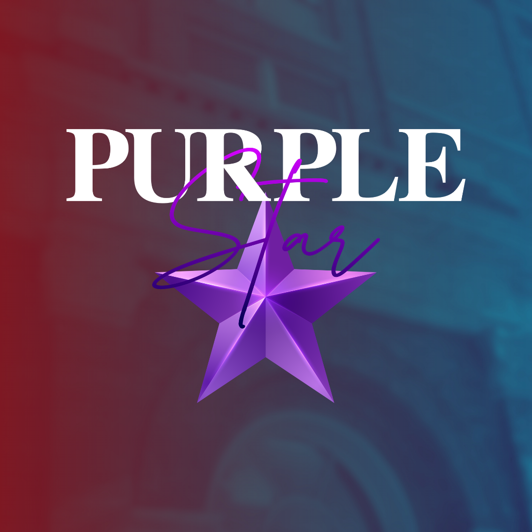 A purple star with "Purple Star" written in white text overlays a red and blue gradient background.