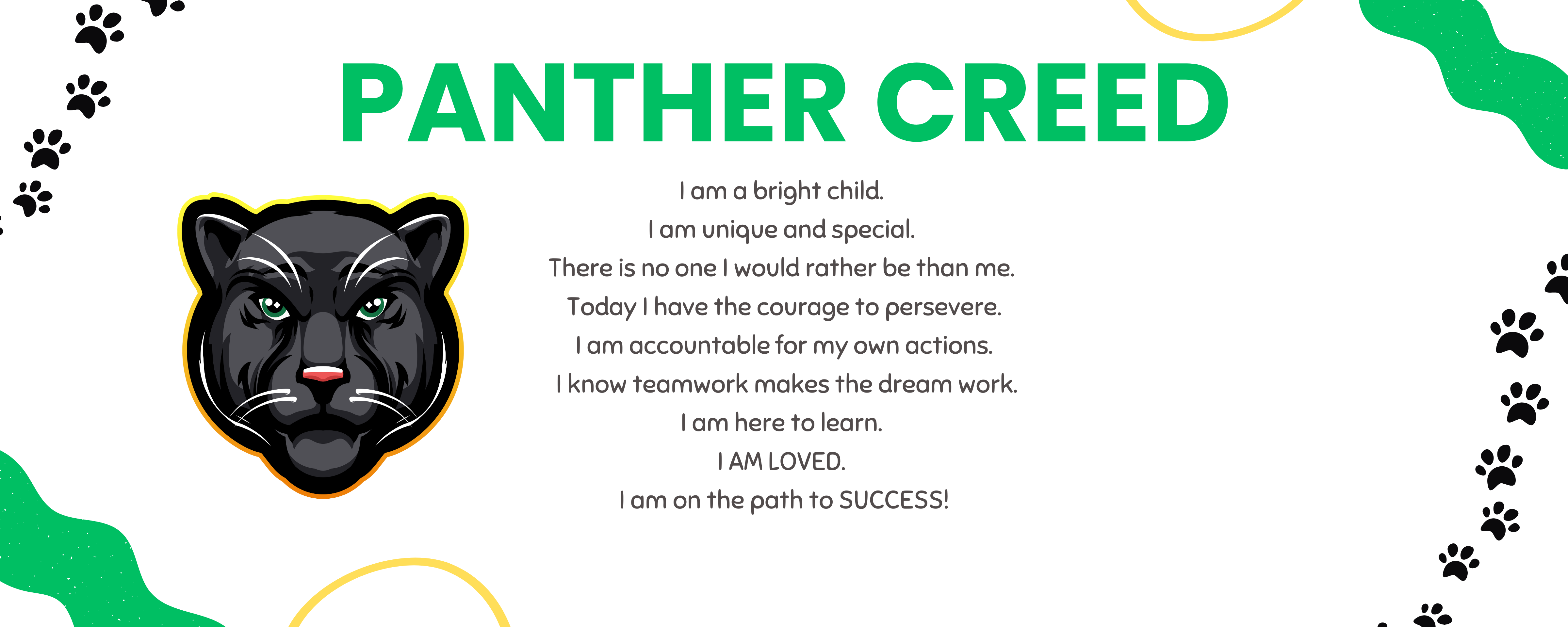 A white background features green and yellow curves. A black panther face is centered. Text reads "Panther Creed" in green. Text below describes a bright, unique child.