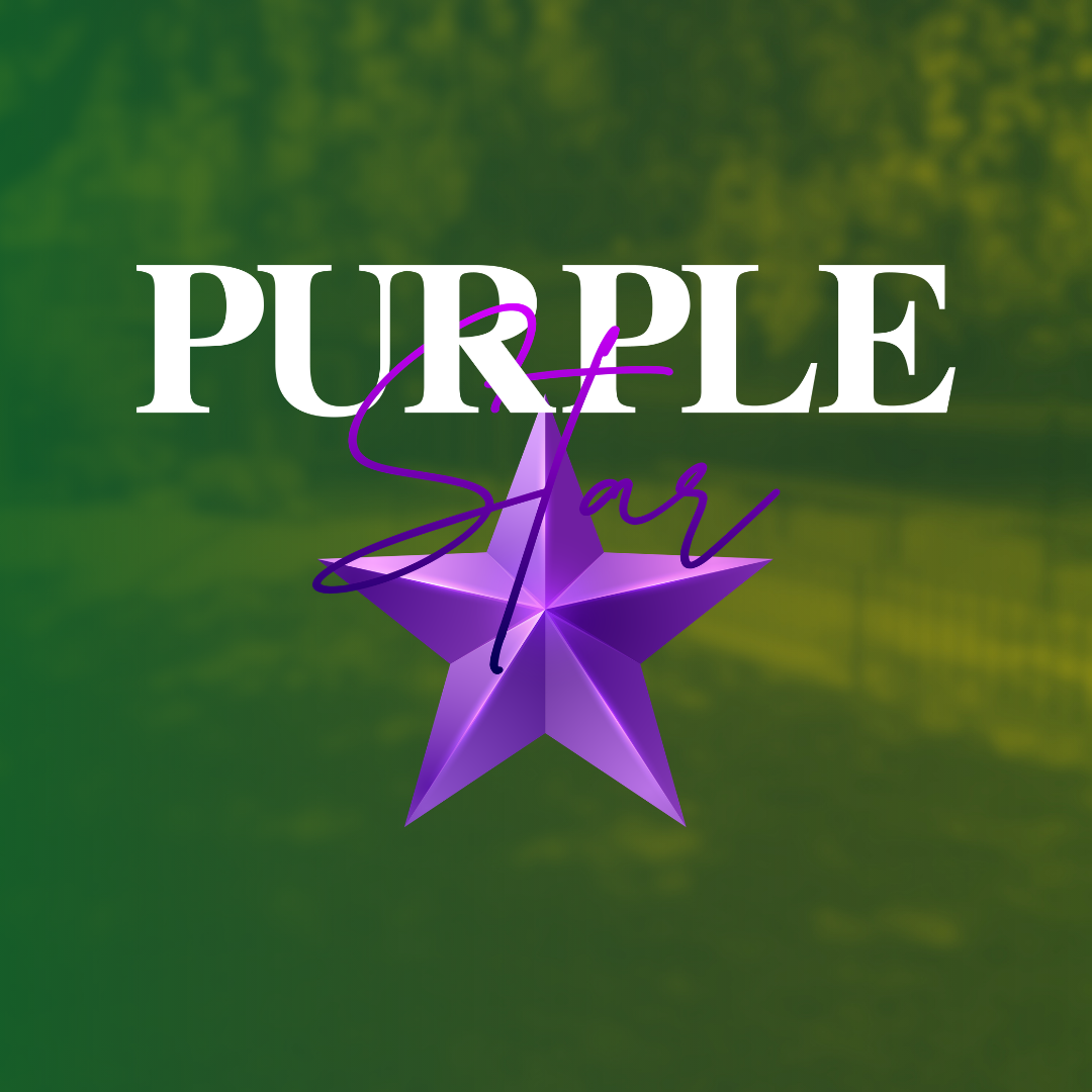 Purple text reading "Purple Star" with a purple star icon in the center. Green background with blurry trees.