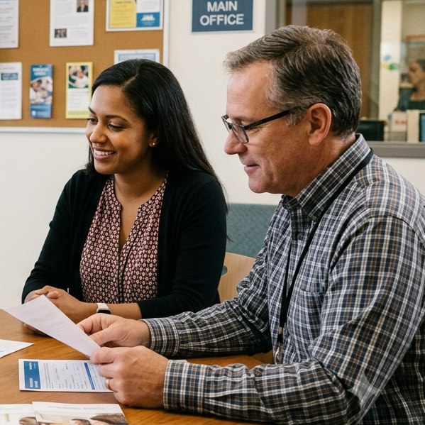 Shot of two people reviewing insurance plans in front of the main office