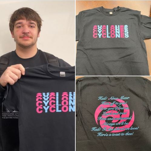 Cyclone shirt designed by Noah and distributed to all students