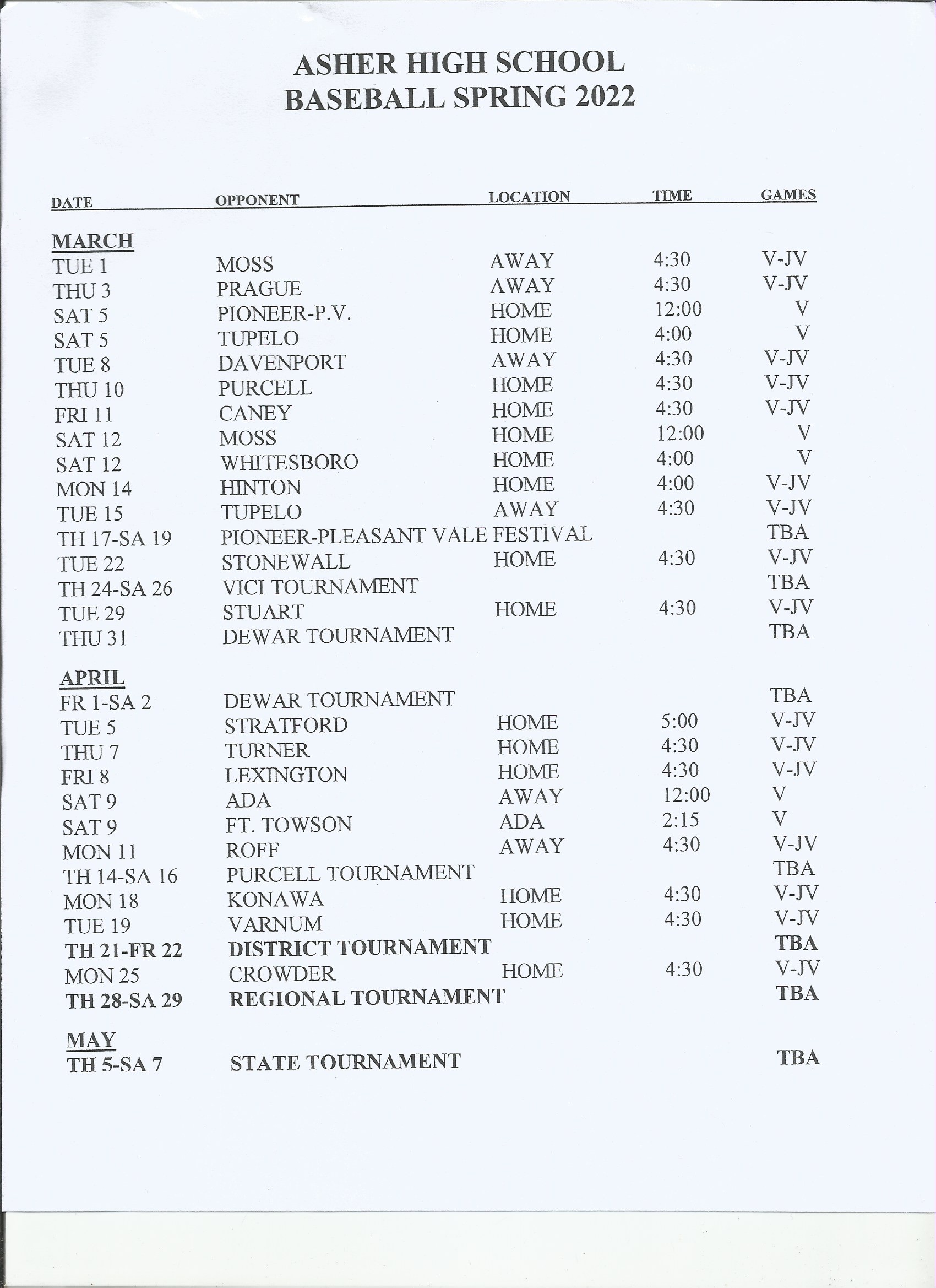 HS Baseball schedule