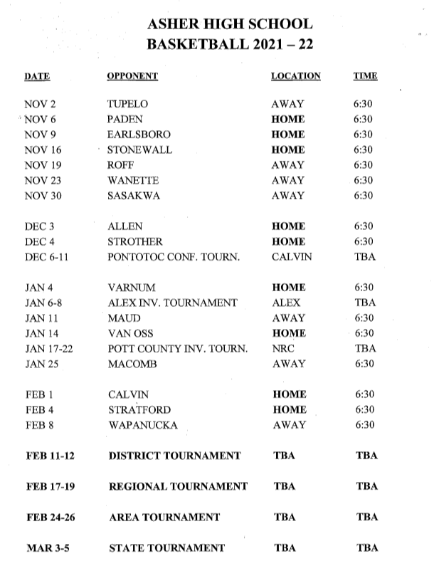 HS Basketball schedule