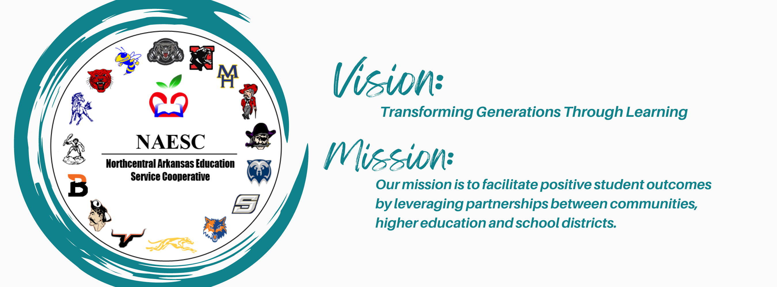 NAESC logo with a blue/teal circular paint stroke behind it. Text in the same color reads: Vision: Transforming generations through learning Mission: Our mission is to facilitate positive student outcomes by leveraging partnerships between communities, higher education and school districts.