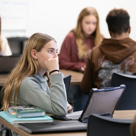 Student working on a laptop and holding a pen