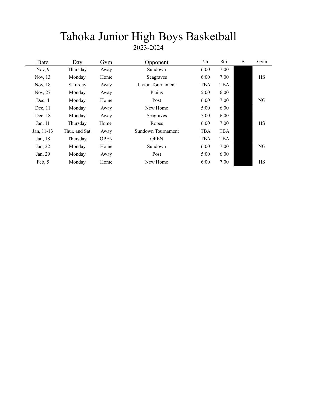 2023-2024 Middle School Basketball Schedule