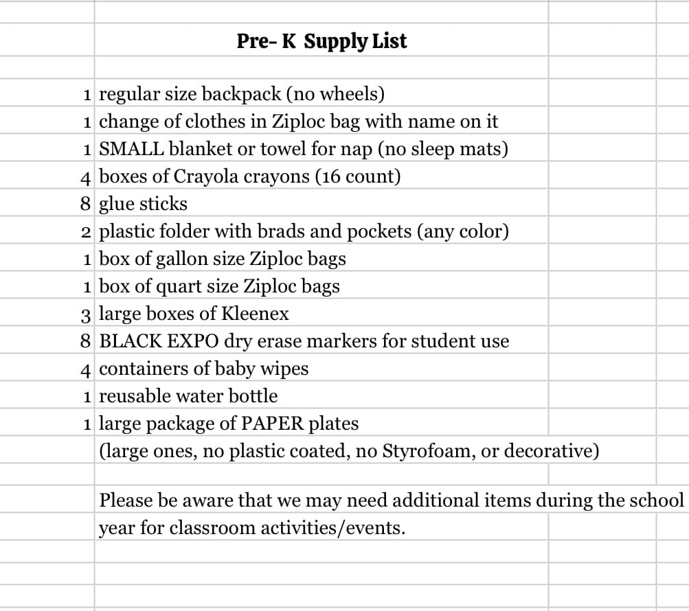 PRE K LIST