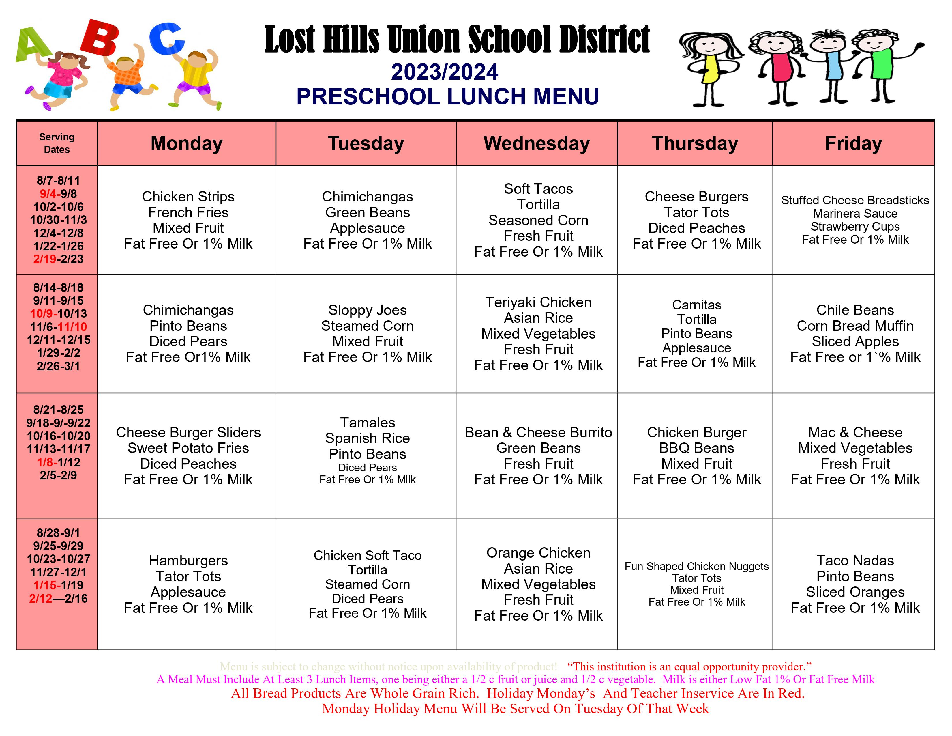 Lunch Menus Lost Hills Union School District