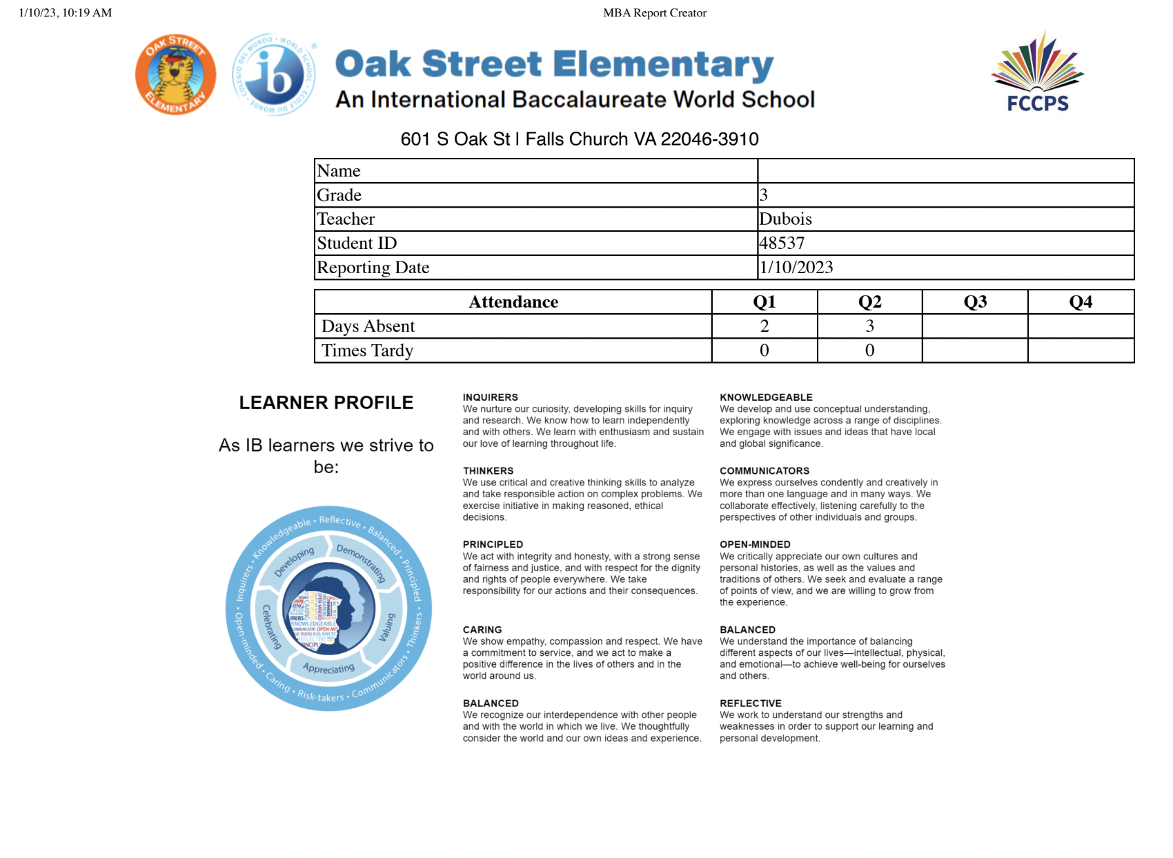 Oak Street Elementary Report Card