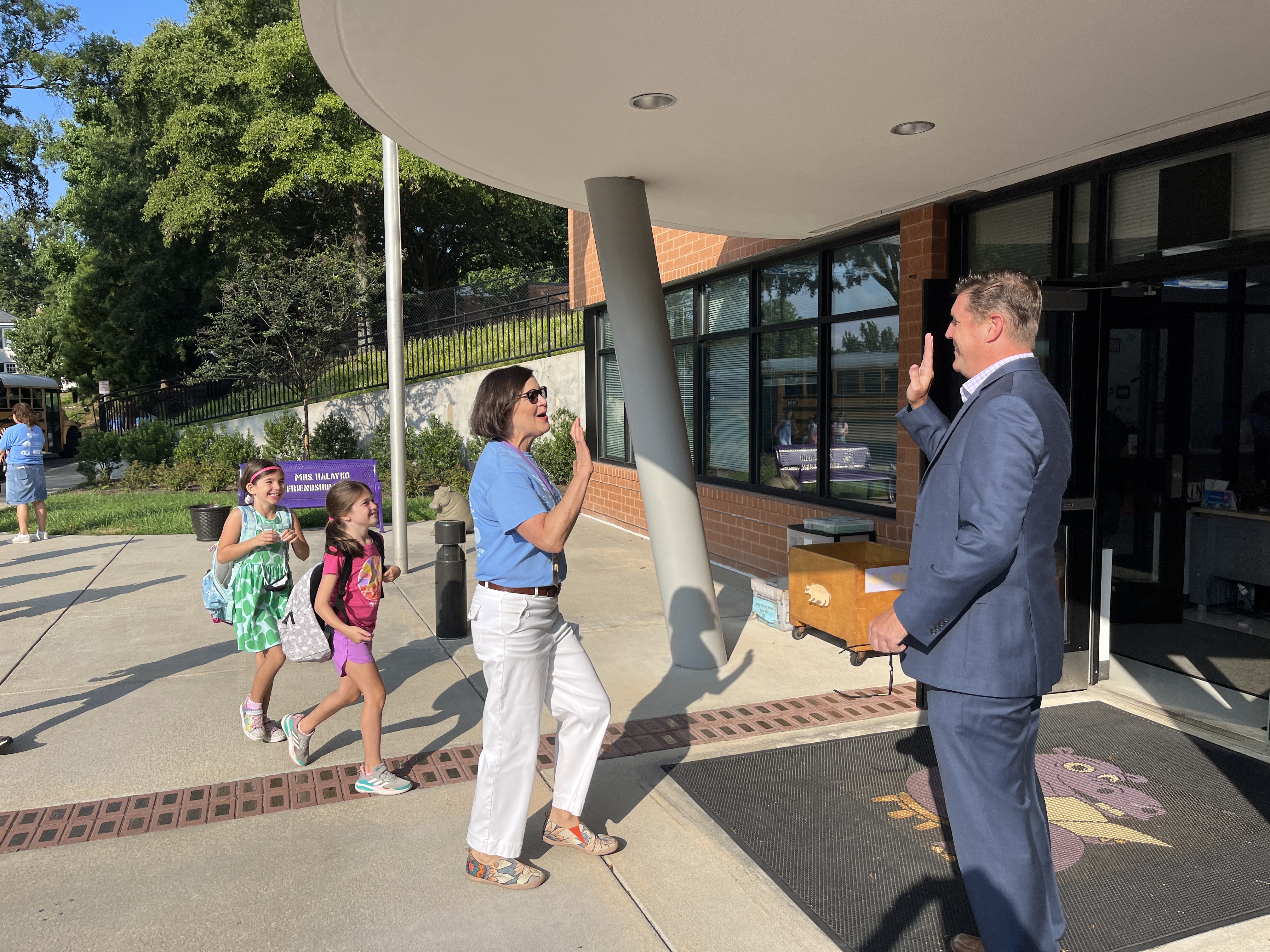 Dr. Noonan greets teacher and students at Mt. Daniel Elementary