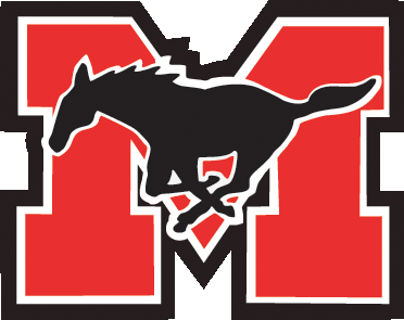 Mustang logo - a galloping horse in front of a large letter M