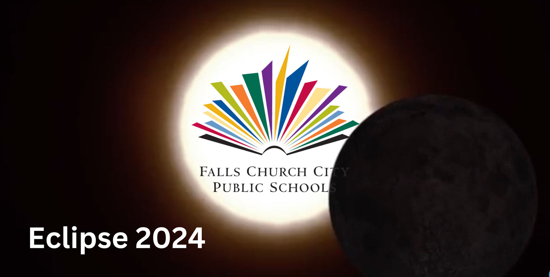 Eclipse 2024 lwith FCCPS logo on the face of the sun being eclipsed by the moon.